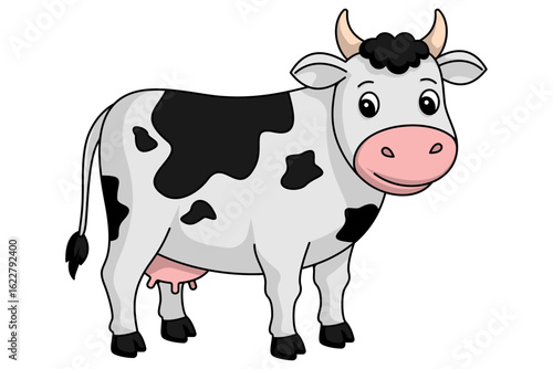 Vector of Happy Dairy Cow with Black Spots in Flat Cartoon Style Side View Graphic for Kids Book or Farm Theme Isolated on White EPS Format