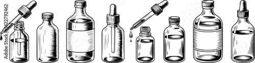 Black and white illustration of glass bottles and droppers liquid