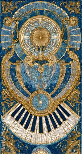 Ornate surreal artwork combining clock, wings, and piano keys in blue and gold design