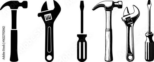 Black and white illustration of tools hammer wrench