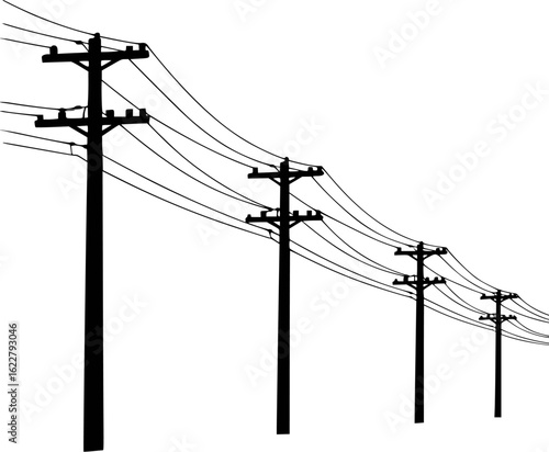 Black and white illustration of utility poles and wires electricity infrastructure