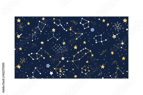 Seamless pattern of celestial constellations and stars on a dark blue background space galaxy