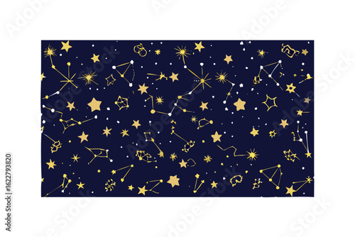 Seamless Pattern of Golden Constellations and Stars on Dark Blue Background celestial