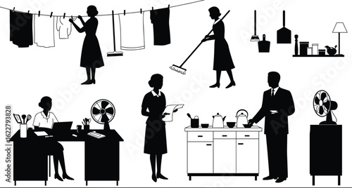 Silhouette of people doing household chores, cooking, cleaning, working, daily routine, black and white illustration, flat vector, modern concept