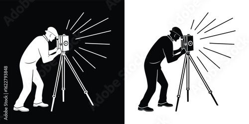 Silhouette of a photographer with a vintage camera on a tripod, capturing an image with light rays emanating from the flash, in both black and white versions