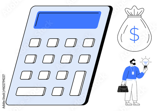 Oversized calculator, money bag with dollar sign, and businessman holding a lightbulb. Ideal for finance, budgeting, innovation, analysis, business strategy investment. Simple flat metaphor