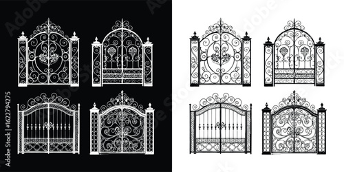 Collection of ornate wrought iron gates with intricate designs, showcasing classic decorative metalwork and craftsmanship for architectural and garden entrances