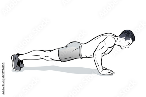 Vector illustration of a man performing a push up exercise on a white background fitness workout