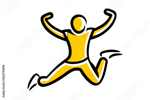 Yellow abstract figure jumping with arms raised on a black background person human