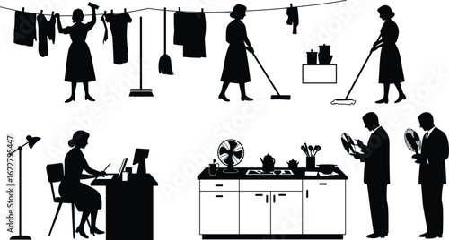 Silhouette people doing housework, office work, cleaning, drying clothes, kitchen chores, working from home, flat vector illustration, black graphic design