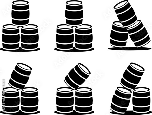 6 unique black silhouette vector illustrations of stacked beer kegs in different arrangements 