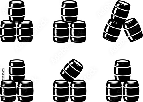 6 unique black silhouette vector illustrations of stacked beer kegs in different arrangements 