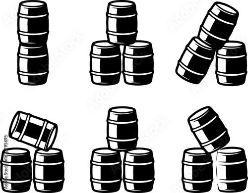6 unique black silhouette vector illustrations of stacked beer kegs in different arrangements 