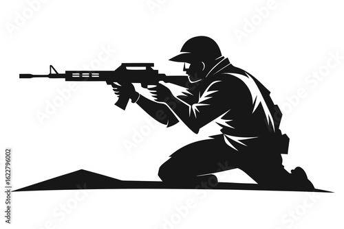 Silhouette of a Soldier on Knees Aiming a Rifle, Armed Forces Illustration