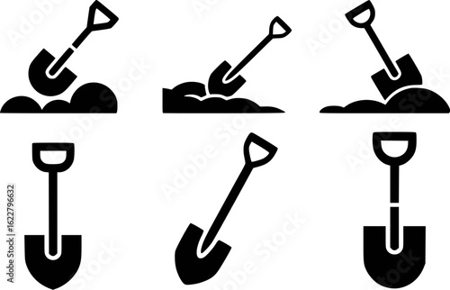 Black shovel icons digging and standing in dirt soil garden