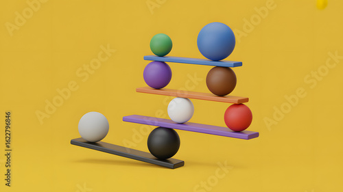 Colorful spheres balanced on planks, symbolizing equilibrium, stability, and creative abstract concepts for business and design use