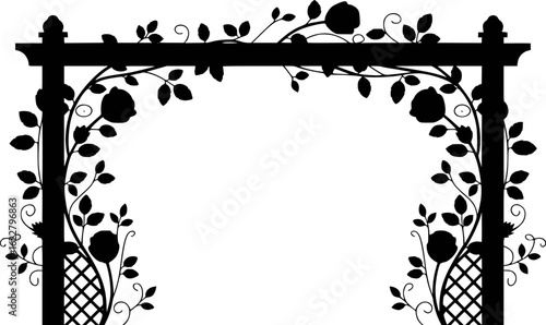 Black silhouette of a floral archway with roses and leaves black and white