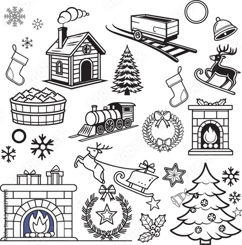 Collection of Christmas themed hand drawn illustrations isolated on white background