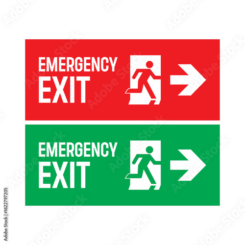 Emergency exit signs with red and green backgrounds featuring running figure and right arrow