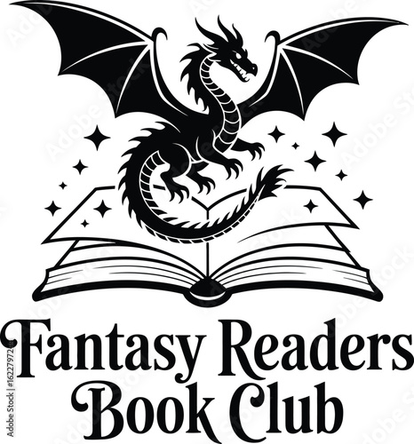 Black dragon perched on open book with stars vector