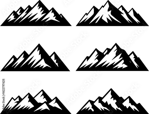 6 unique black silhouette vector illustrations of the Bavarian Alps mountain range 