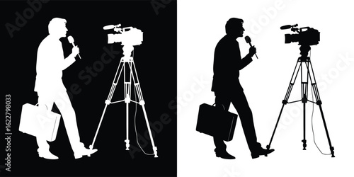 Silhouette of a male reporter holding a microphone and a briefcase, walking towards a video camera on a tripod, isolated on white background