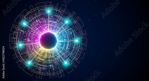 Abstract Futuristic Network: Vibrant Circular Data Visualization, Neon Glow, Technological Concept