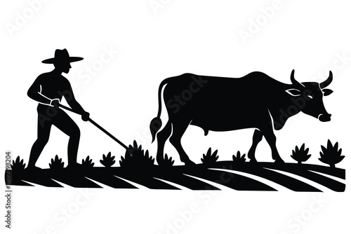 Silhouette of Farmer Plowing Field with Ox, Traditional Farming Practice, Agriculture Illustration