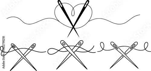 Crossed needles and thread forming heart shape and patterns sewing craft