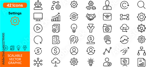 Settings icon set vector: versatile symbols including gears, sliders, tools, preferences, controls, adjustments, configurations, options, system settings, and user interface elements for digital desi
