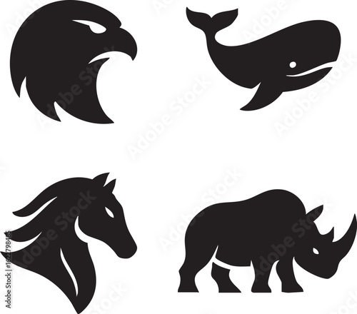 Black silhouettes of eagle whale horse head and rhinoceros on white background