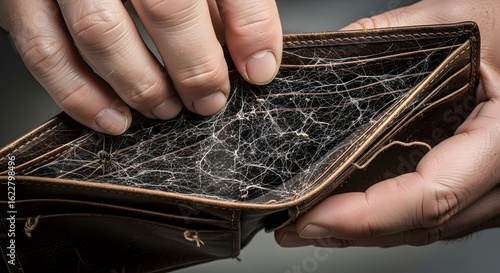 Empty, dusty wallet held in hands, revealing a lack of money.