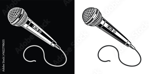 A classic vintage microphone with a coiled cable, rendered as a detailed illustration in contrasting black and white, symbolizing sound recording, music, and vocal performance