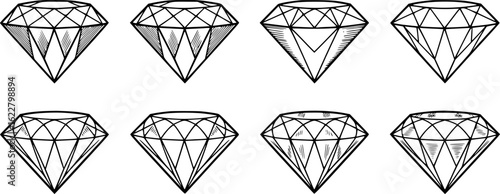 Eight faceted gemstones with black outlines and shading diamond jewel