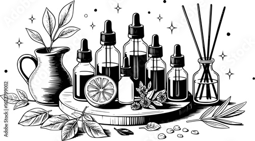 Essential oil bottles with botanical elements and diffuser essential oils dropper bottles