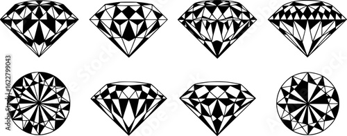 Faceted gemstones geometric patterns black and white diamond
