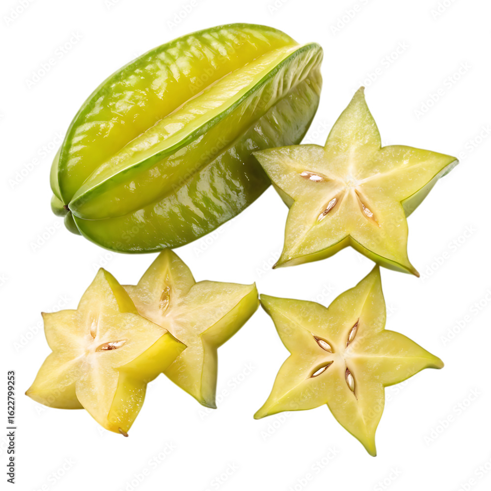 Fototapeta premium Whole and sliced star fruit isolated on transparent background