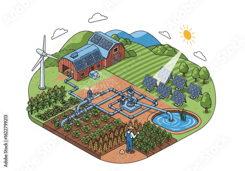 Sustainable Farm Isometric Vector - Solar-Powered Irrigation System & Eco Agriculture for Educational Posters