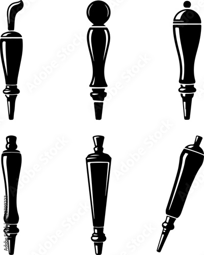 6 unique black silhouette vector illustrations of traditional beer tap handles 