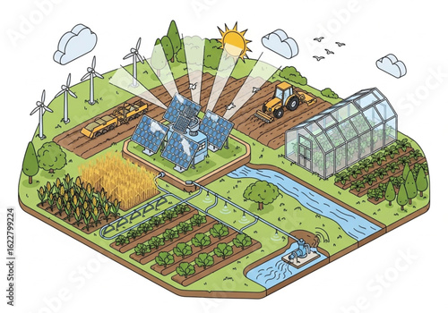 Sustainable Farm Isometric Vector - Solar-Powered Irrigation System & Eco Agriculture for Educational Posters