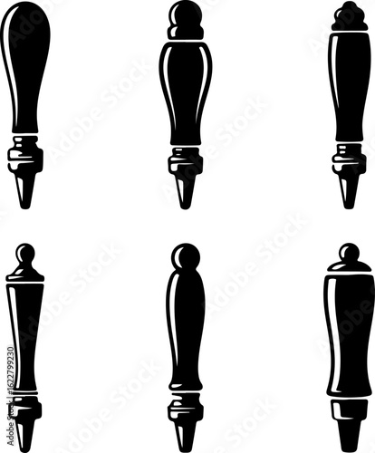 6 unique black silhouette vector illustrations of traditional beer tap handles 