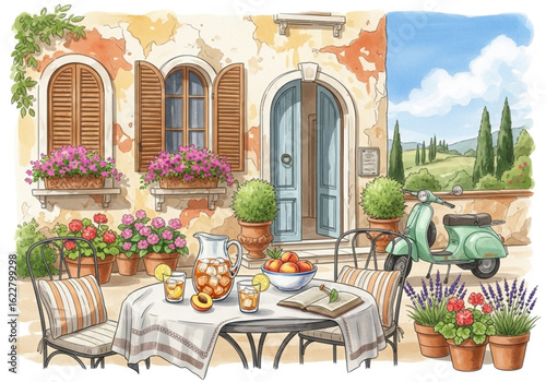 Italian Summer Retreat Watercolor Vector – Leisure, Refreshments & Classic Mediterranean Decor for Card & Poster Design