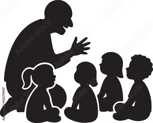 Black silhouette of a man telling a story to children sitting on the floor vector