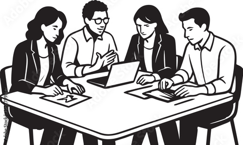 Four people in business attire sitting around a table with a laptop and papers business meeting teamwork 1