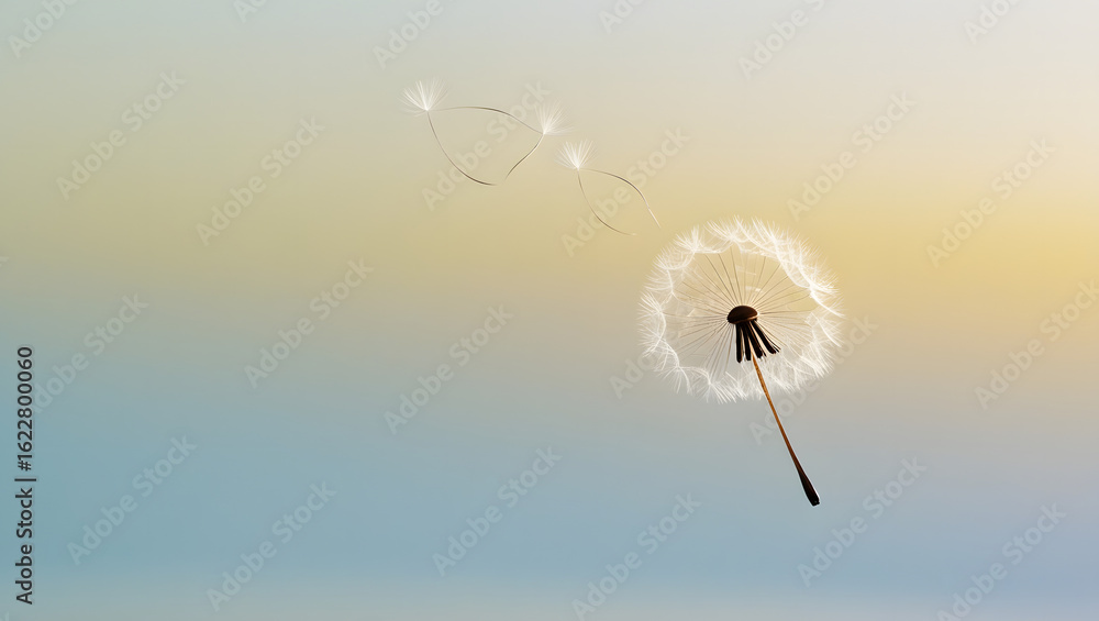 Obraz premium A solitary, delicate, stylized dandelion seed with intricate, feathery tendrils is drifting gently, capturing the softness of its movement through a subtle light motion blur, set against a serene sky-