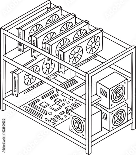 Black and white line drawing of a cryptocurrency mining rig with multiple graphics cards bitcoin mining