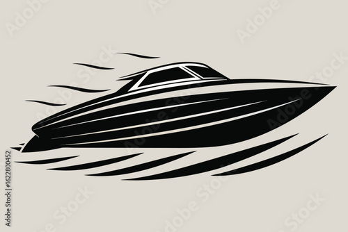 Sleek Black and White Illustration of a Speedboat Gliding on the Water with Dynamic Motion Lines