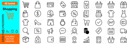 Shopping icon set vector: versatile symbols for carts, bags, retail stores, discounts, online shopping, payments, gift boxes, sales, customer service, and e-commerce for dynamic retail designs.


