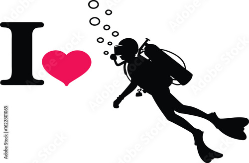 I Love Scuba Diving Silhouette with Diver Heart and Bubbles on White
