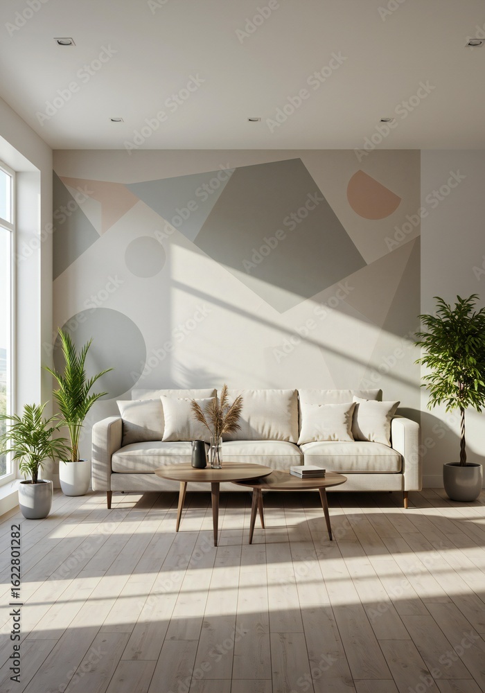 Fototapeta premium Minimalist Living Room Interior with Geometric Wall Art and Sunlight